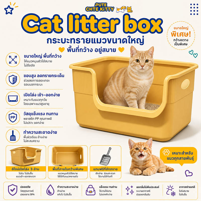 กระบะทรายแบบจัมโบ้ การเพิ่มความสูงของรั้ว ป้องกันการกระเด็นของทราย ให้พลั่ว กระบะทรายแมวขนาดใหญ่ห้องน้ําแมวกระบะทรายแมว