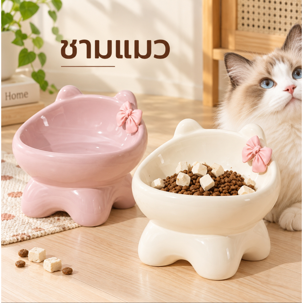 ชามเซรามิก ชามให้อาหารแมว ชามให้อาหารสุนัข หมา ชามอาหารสัตว์เลี้ยง น่ารัก Minimal ชามแมวยกสูง ผูกโบว์