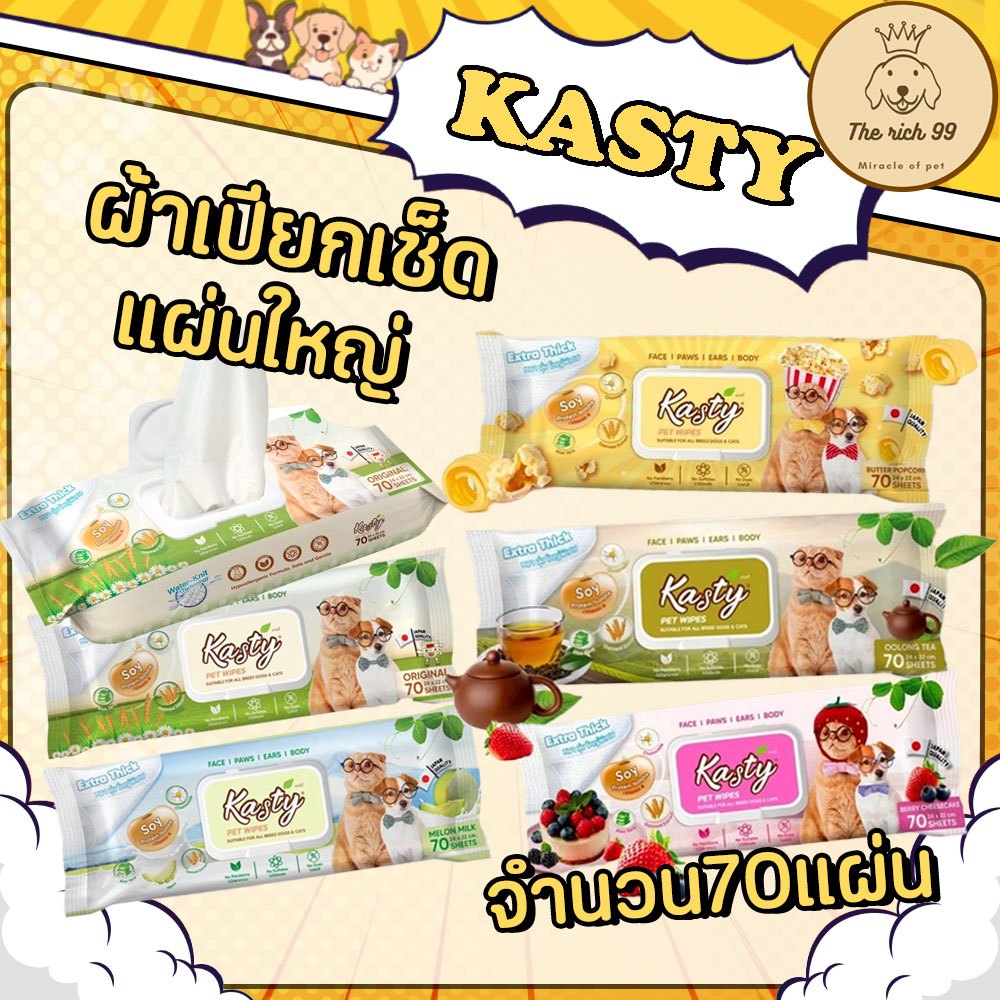 ห่อ) Kasty ผ้าเปียก ทิชชู่เปียก สุนัขและแมว ขนาดแผ่น 24 x 22 ซม. (70 แผ่น/ แพ็ค)