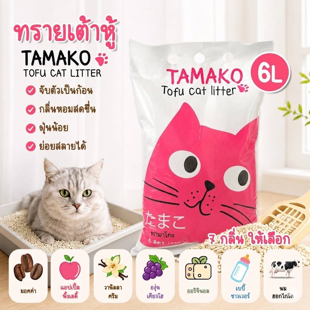 ทรายเต้าหู้ Tamako 6L ทรายออร์แกนิค ปลอดภัย เต้าหู้ญี่ปุ่น