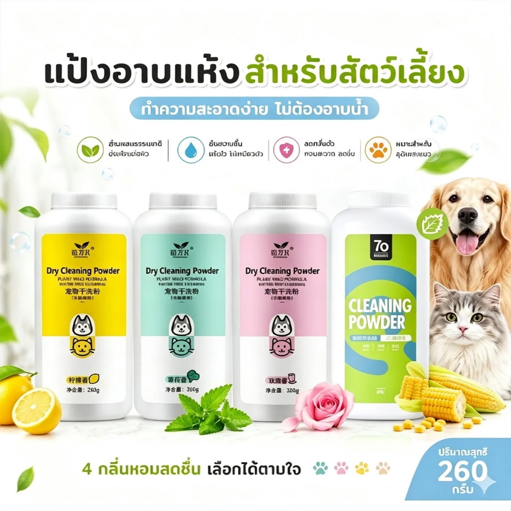 แป้งอาบน้ําแห้ง แป้งอาบน้ําแมว กําจัดเห็บหมัดสุนัข ดับกลิ่นตัวสัตว์เลี้ยง