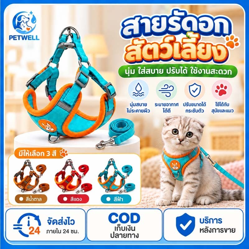 PETWELL สายจูงสัตว์เลี้ยง สายจูงแมว สายรัดอกแมว สายรัดอกสุนัข ปรับได้ มีแถบสะท้อนแสง ใส่สบาย สําหรับแมว สุนัข สัตว์เล็ก