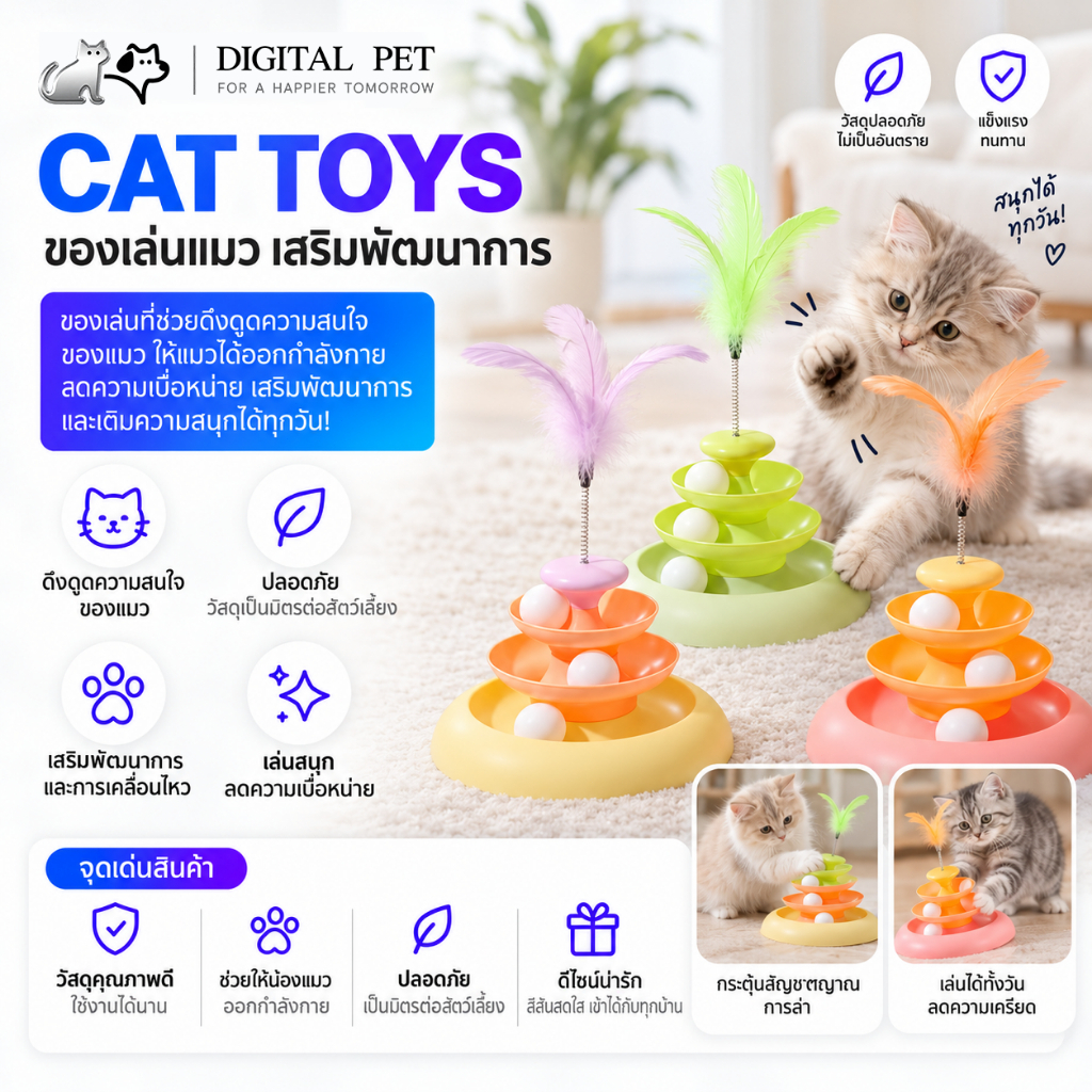 DIGITALPETรางบอลแมว ทาวเวอร์4ชั้น ขนนกที่เลือก ทนทานแกล้งแมว ของเล่นแมว รางบอลแมว4ชั้น จานเสียงแมว ของเล่นแมว Cat Toys
