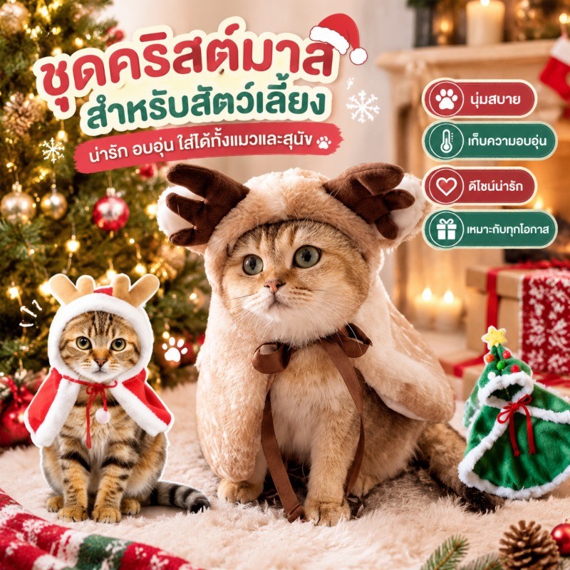 ชุดคริสต์มาสแมว หมวกคริสต์มาสแมว ชุดคริสต์มาสสุนัข เสื้อคลุมสัตว์เลี้ยง มีฮู้ด เสื้อผ้าแมว เสื้อผ้าหมา สําหรับสุนัข แมว