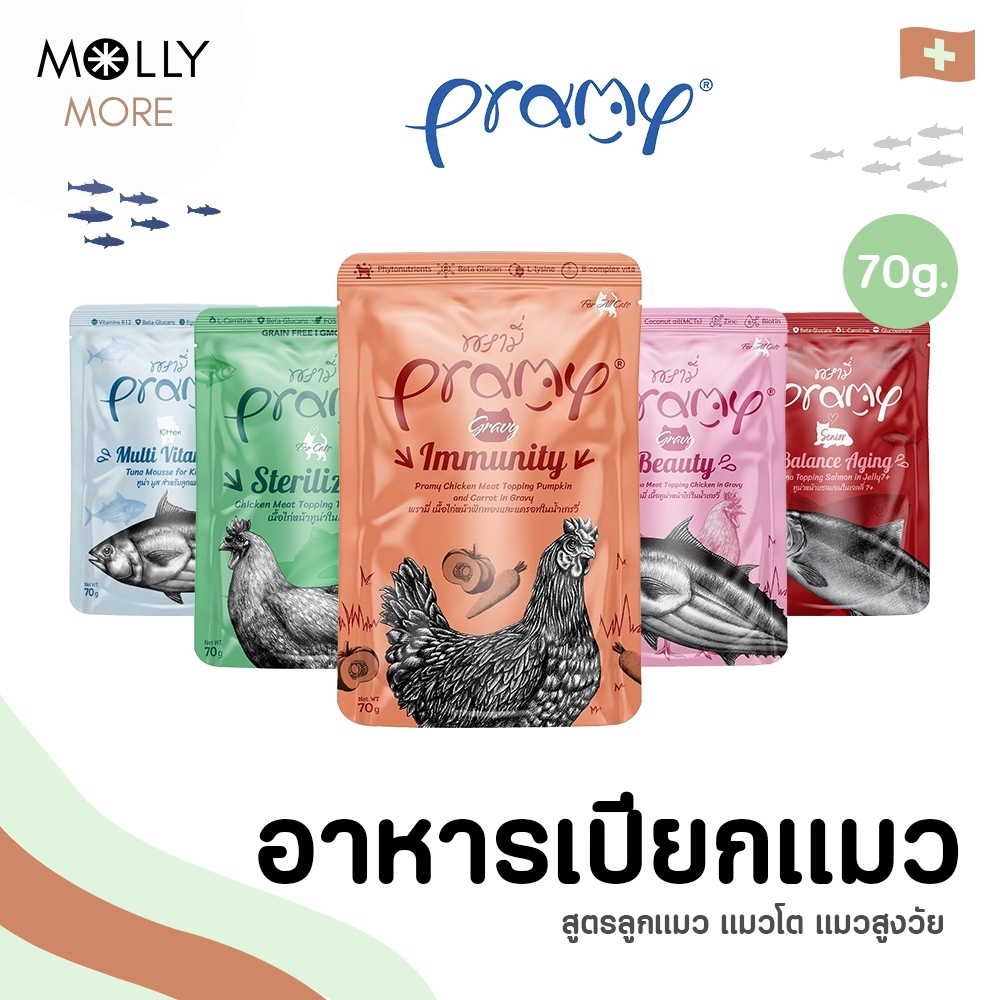 MOLLY Pramy พรามี่ อาหารเปียกแมว Pouch ครบสูตร สูตรลูกแมว แมวโต แมวสูงวัย Human Grade ไม่เติมเกลือ 70g