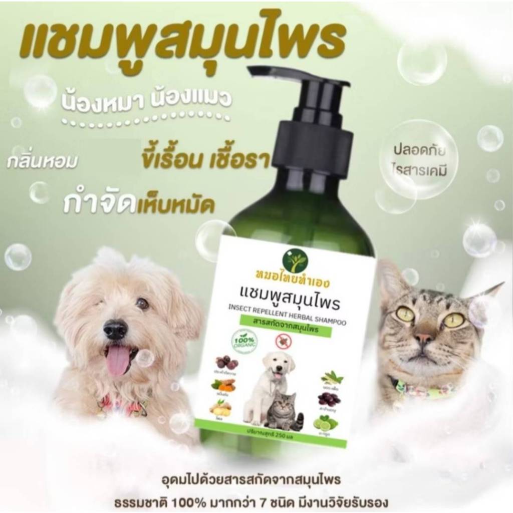 แชมพูสมุนไพร กําจัดเห็บหมัด แก้ขี้เรื้อนสุนัข แมว เชื้อรา ยีสต์ คันเกา (มี อย ถูกต้อง) แชมพูสุนัข แมว 200 ml