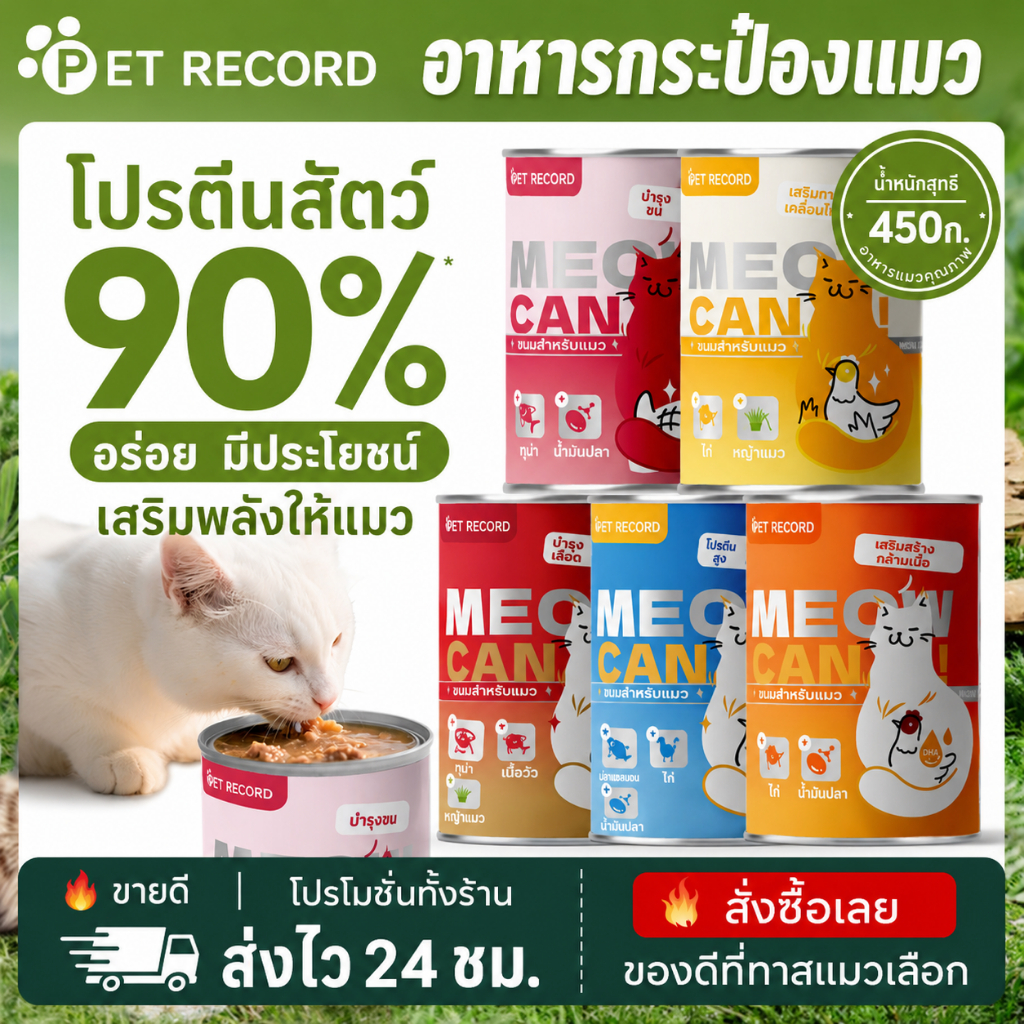 อาหารแมวกระป๋อง [Pet Record] 450g บํารุงขน ขับก้อนขน ไม่เค็ม Grain-Free คุ้มค่า 5รสชาติ