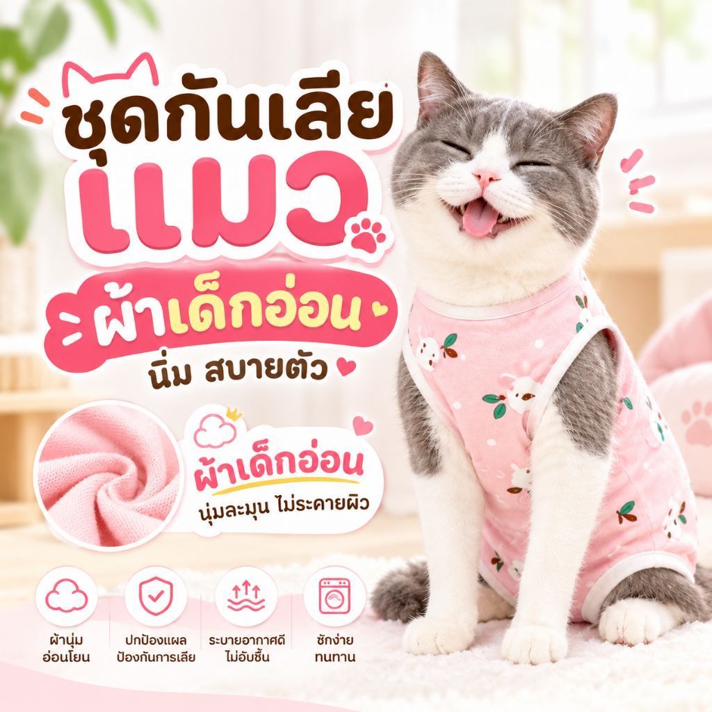 ชุดแมวกันเลีย ผ้าเด็กอ่อน เสื้อผ้าใส่หลังผ่าตัด ทําหมันแมว ผ้านิ่มใส่สบาย