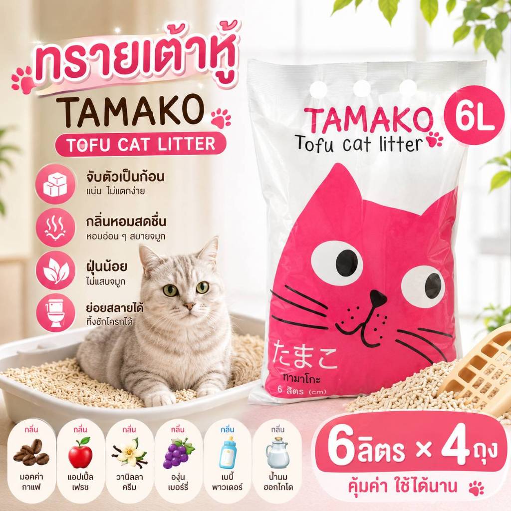 4 ถุง ถูกลง ]ทรายเต้าหู้ ทรายออร์แกนิค Tamako หู้ญี่ปุ่น ทรายแมวอนามัย กลิ่นหอม ทรายแมวมีกลิ่นหอม