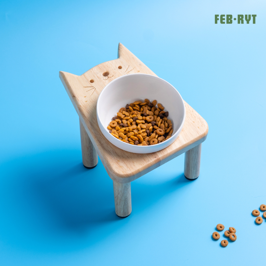 1หลุม/2หลุม) CAT FACE Wooden Stand with bowl แท่นไม้วางอาหารรูปแมว+ชามสัตว์เลี้ยง