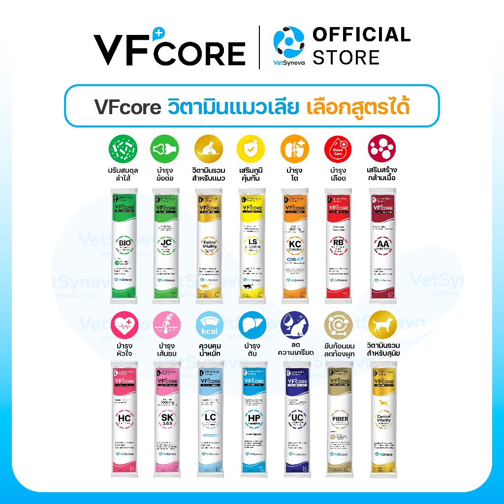 VFcore วิตามินแมวเลีย 14 สูตร เลือกจํานวน 6 ซอง 12 ซอง และ 1 กล่อง 30 ซอง