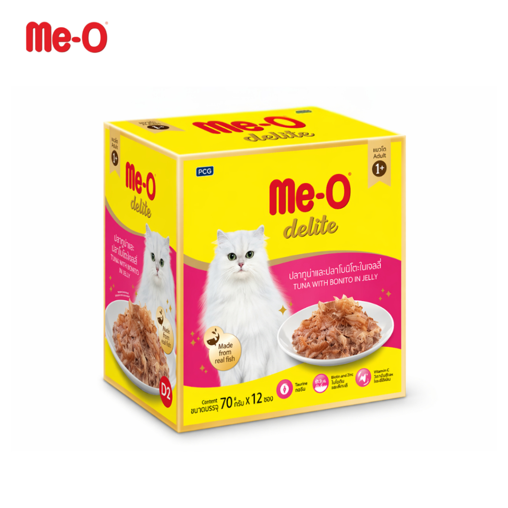 Me-O Delite อาหารเปียกแมว ปลาทูน่าและปลาโอในเยลลี่ ขนาด 70 กรัม x 12 ซอง Petus Kingkaew