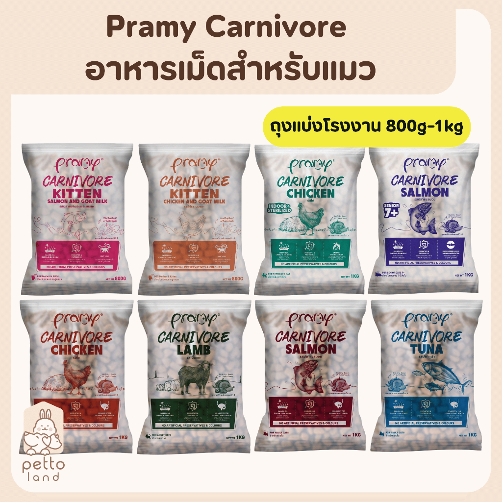 Pramy Carnivore อาหารเม็ดสําหรับแมว สูตรโปรตีนจากเนื้อแท้ ขนาด 800g-1Kg **ถุงแบ่งโรงงาน
