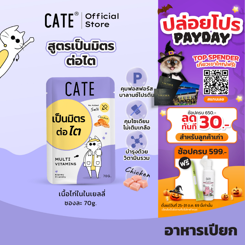 CATE เคท อาหารเปียกแมว สูตรเป็นมิตรต่อไต ไม่ทําร้ายไต Multivitamins รสไก่ ในเนื้อซอฟท์เจลลี่ ไม่เติมเกลือ