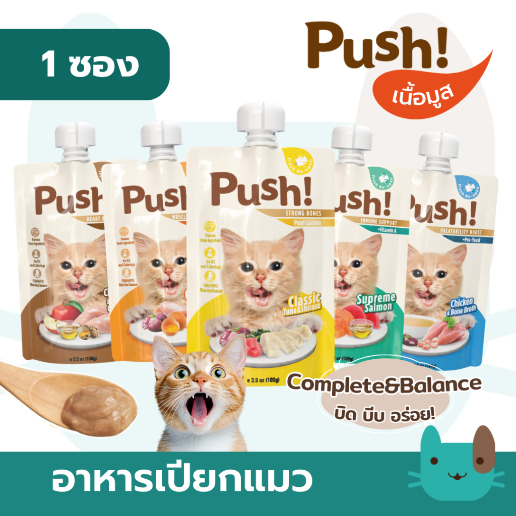 อาหารเปียกแมว Push 100g 1ซอง เนื้อมูส Complete & Balanced กินเป็นมื้อหลัก สารอาหารครบถ้วน