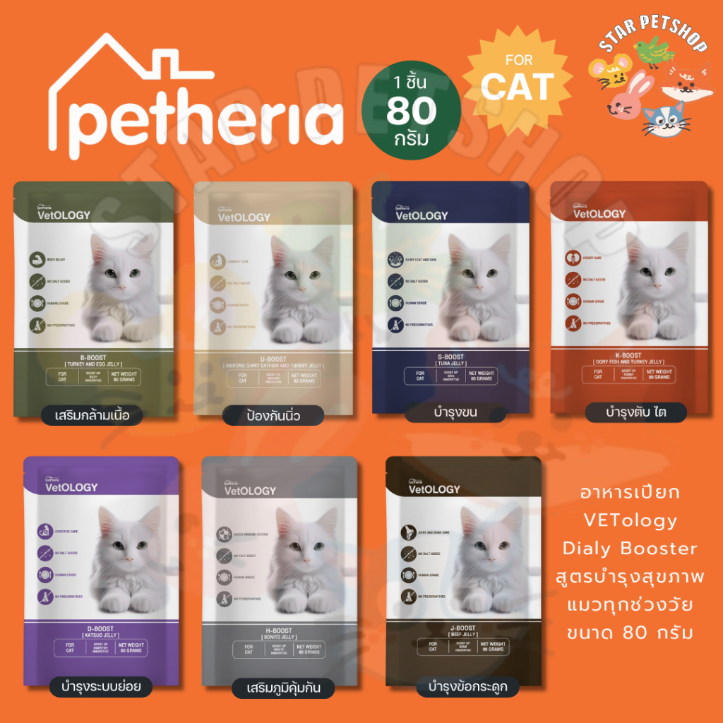 Petheria VetOLOGY เพ็ทเทอเรีย อาหารเปียกสําหรับแมว พัฒนาร่วมกันสัตวแพทย์ ไม่เติมเกลือ Human Grade ขนาด 80 กรัม