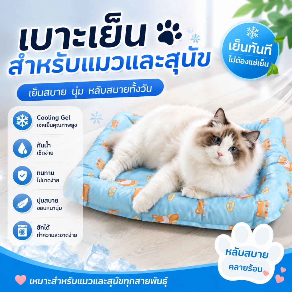 แผ่นรองนอนเย็นสําหรับสัตว์เลี้ยง เบาะเย็นแมว เบาะเย็นสุนัข เจลเย็น ไม่ต้องแช่เย็น ระบายความร้อน นุ่ม กันน้ํา ซักได้
