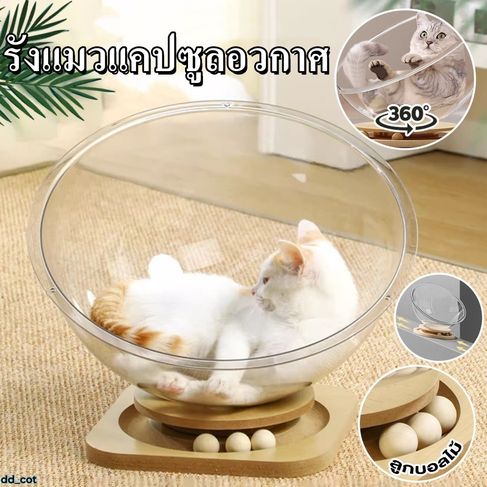 2in1 รังแมวแคปซูลอวกาศ ของเล่นแมว ม้าหมุนครอกแมว จานเสียงไม้เนื้อแข็งอะคริลิค หมุนได้ 360