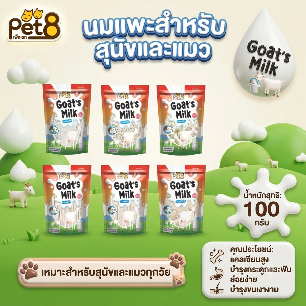 Pet8 นมแพะ 4แบบ สําหรับสุนัขและแมว Goat Milk series น้ําหนัก 100g เคี้ยวเล่น หอม อร่อยแคลเซียมสูง บํารุงกระดูกและฟัน