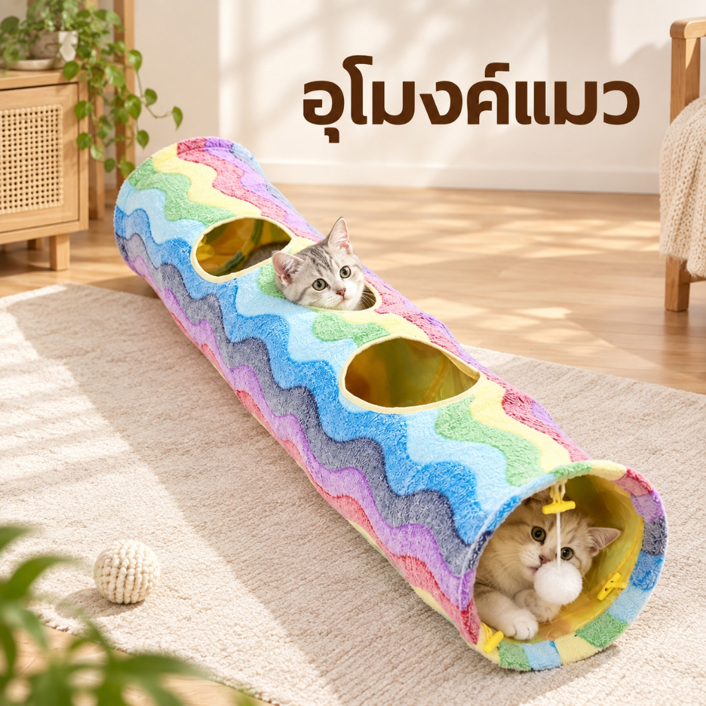 อุโมงค์แมวพับเก็บได้ 120cm สีสันสดใส อุโมงค์แมว ของเล่นแมว อุโมงค์นอนแมว ที่นอนสัตว์เลี้ยง2in1 ของเล่นแมว