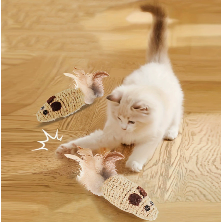 PP-2884 ของเล่นแมวหนูเชือกถัก ปลายขนนก ช่วยขัดฟัน เล่นสนุก แมวชอบมาก