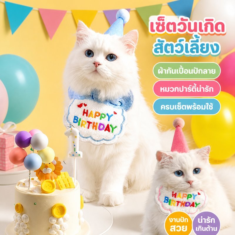 เซ็ตผ้าพันคอวันเกิดสัตว์เลี้ยง งานปัก หมวกวันเกิดสุนัข แมว ผ้ากันเปื้อน สายไม่บาดคอ