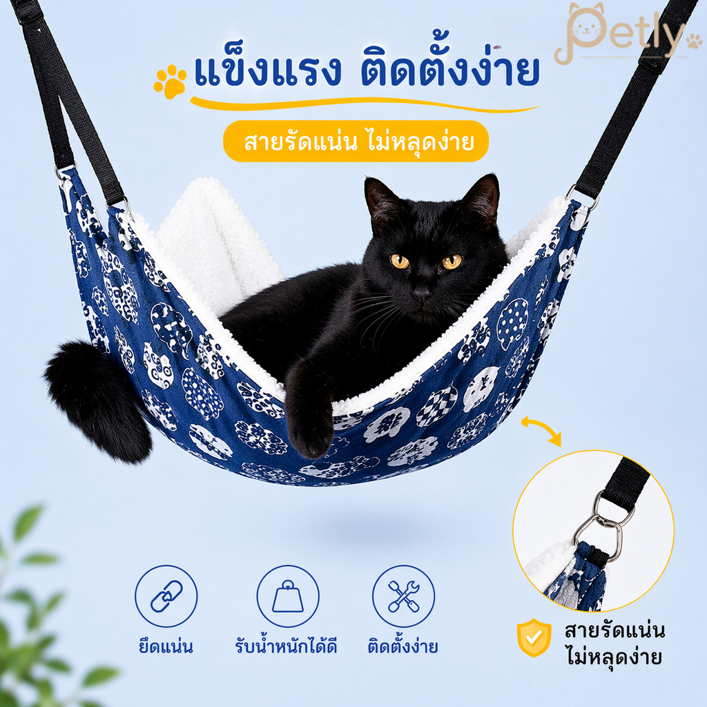 เปลญวนแมว 2 ชั้น ใช้ได้ทุกฤดูกาล นุ่มสบาย แข็งแรงทนทาน ติดตั้งง่ายในกรงสัตว์เลี้ยง