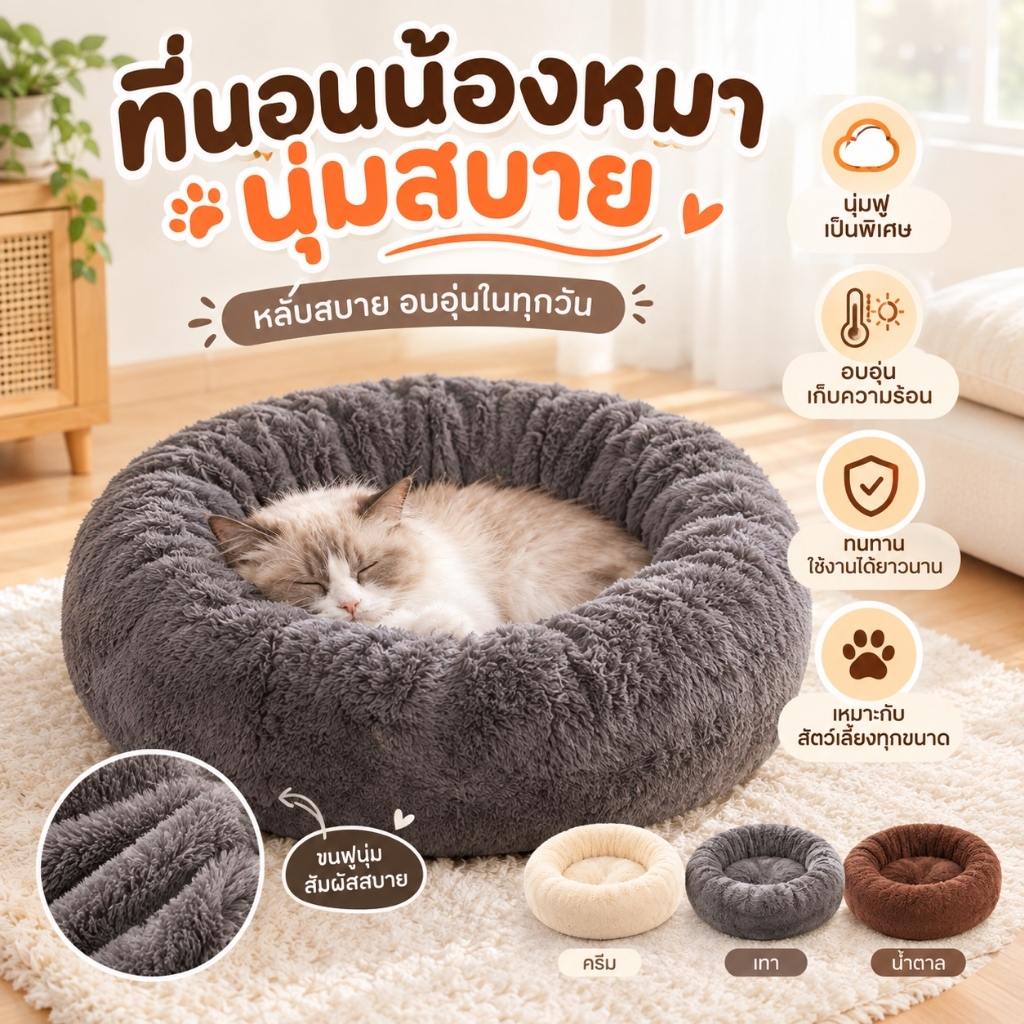 เบาะนอนสัตว์เลี้ยง ขนยาวนุ่มฟู ทรงกลม อบอุ่น สําหรับแมวและสุนัข นอนสบาย ซักได้ เหมาะสําหรับใช้ในบ้าน