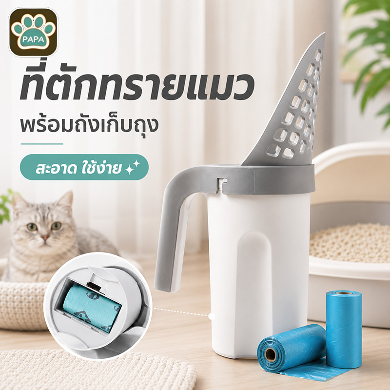 ที่ตักทรายแมว ตักอึแมว ช้อนตักทรายแมว และถุงขยะในตัว ฟรีถุงขยะ ถอดออกได้ น้ําหนักเบาและทนทาน