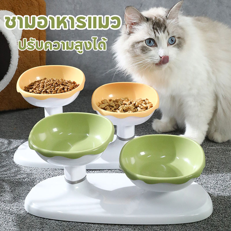 ชามอาหารสัตว์เลี้ยง ชามอาหารแมว การออกแบบชามคู่ เอียง 15 องศา ปรับความสูงได้