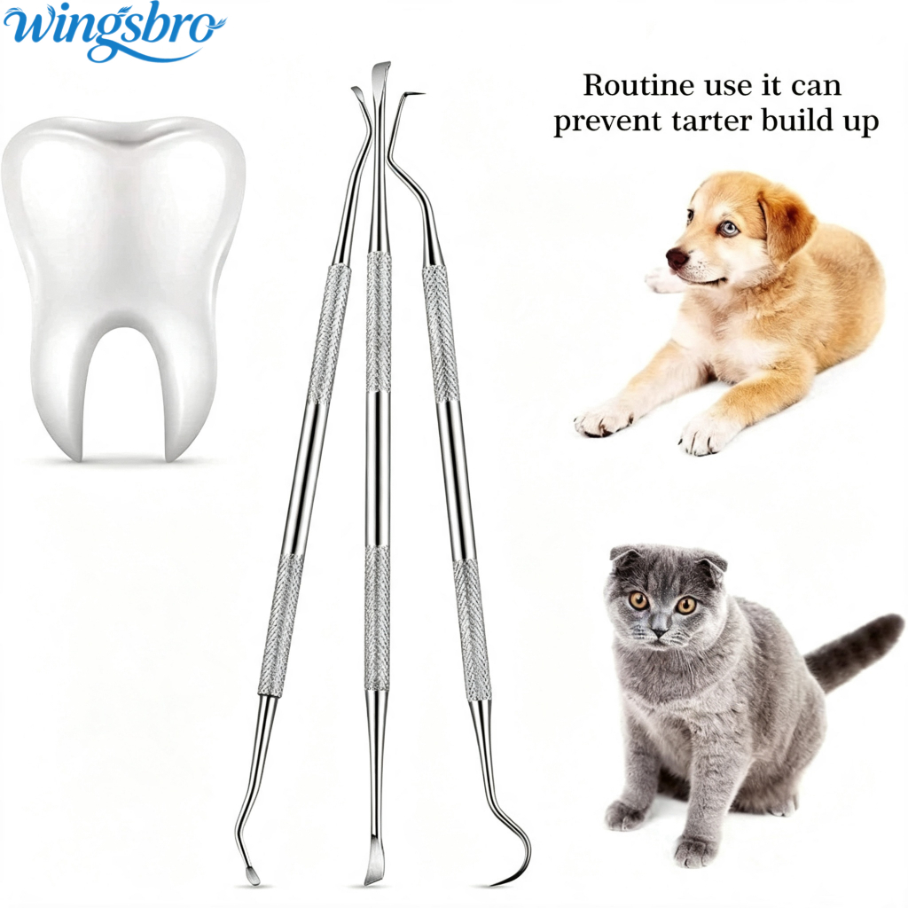 Wingsbro 3 ชิ้นสุนัขทันตกรรมฟัน Scaler และ Scraper สแตนเลส Double Headed Tartarer Remover Scraper สัตว์เลี้ยงเครื่องมือทําความสะอาดฟันสําหรับสุนัขและแมว