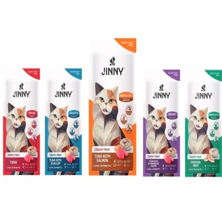 ขนมแมวเลีย Jinny 1แพ็ค5ซอง เกรด Holistic ไม่เติมเกลือและน้ําตาล ผลิตจากเนื้อปลาทูน่าเนื้อขาวและเนื้อไก่อนามัย