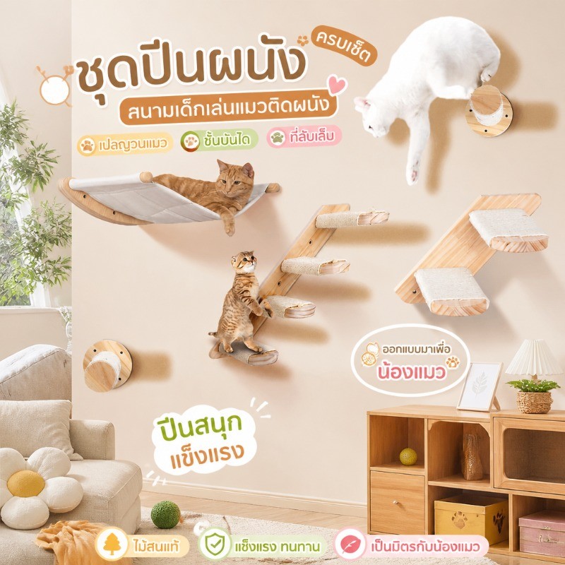 เปลญวนแมว โพสต์รอยขีดข่วนแมว กสนามเด็กเล่นแมวติดผนัง ที่ลับเล็บแมว ชุดบันไดแมว สําหรับติดผนัง