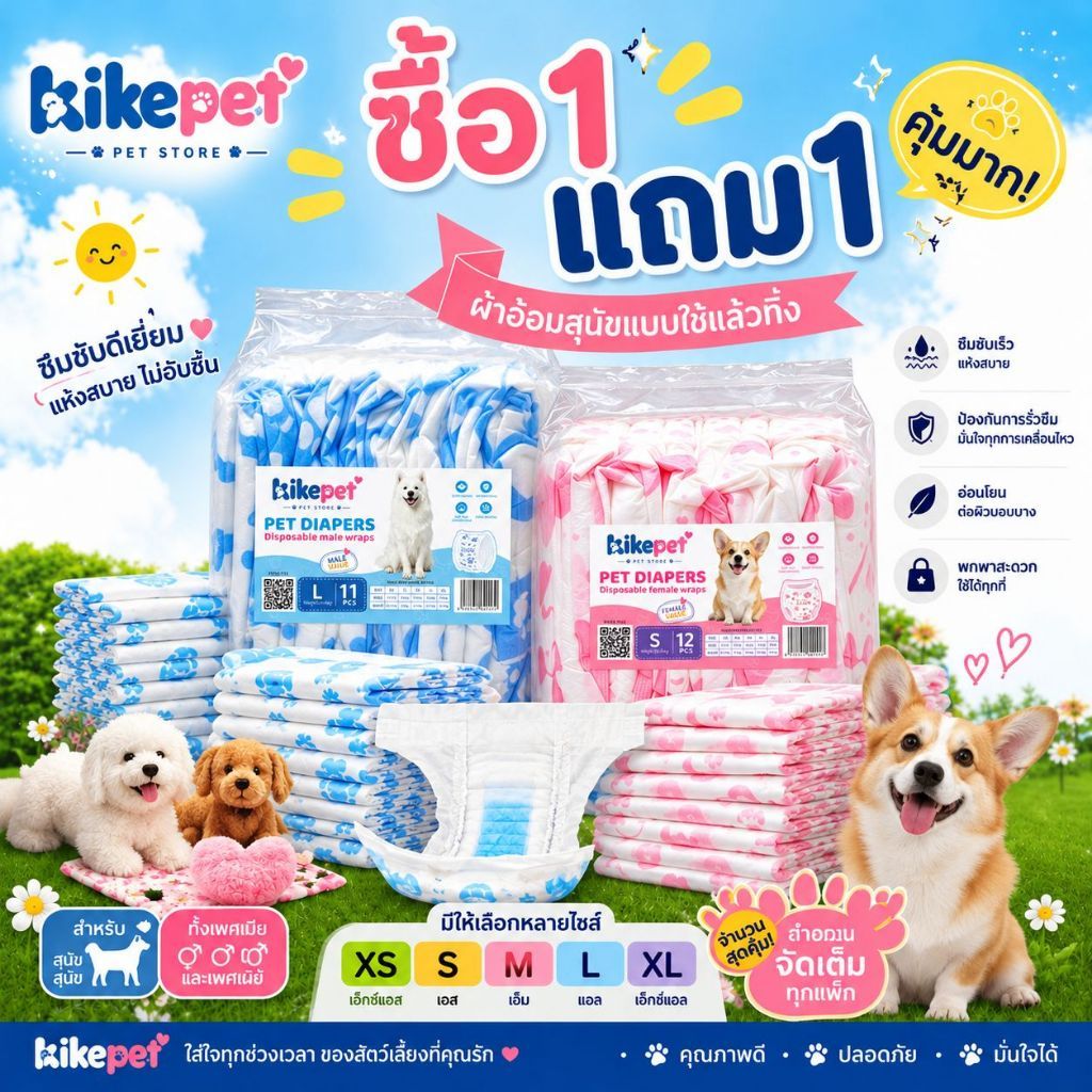 ซื้อ 1 แถม 1 ฟรี Kike Pet ผ้าอ้อมสุนัขสัตว์เลี้ยง ผ้าอ้อมสําเร็จรูป ลูกสุนัขผู้ชาย ลูกแมว ผ้าอ้อม XS S M L XL