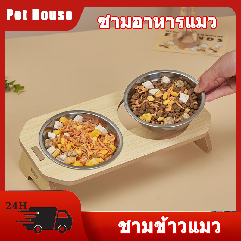 สแตนเลสชามแมวสูงเท้าเฉียงป้องกันกระดูกสันหลังส่วนคอสัตว์เลี้ยงป้องกันการพลิกคว่ําแมวดื่มน้ําให้อาหารชามสุนัขชามอาหาร