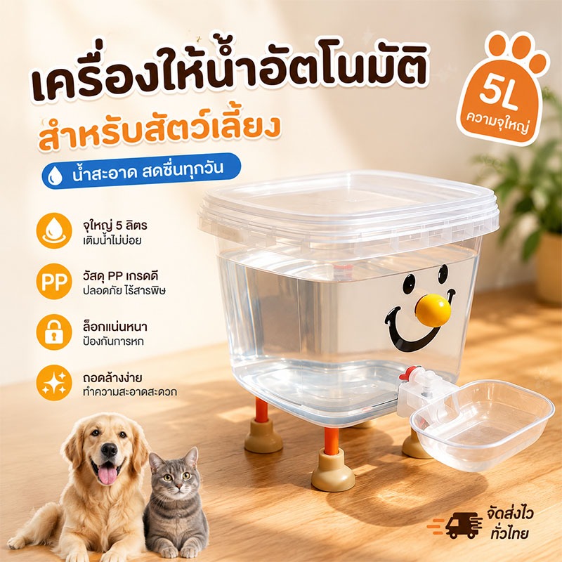 ถังดื่มสัตว์เลี้ยง น้ําพุแมว ถังน้ําหมา แบบใส เงียบ ระบายน้ําอัตเติมง่าย PPเกรดอาหาร ความจุใหญ่ 3L/5L ลิตร