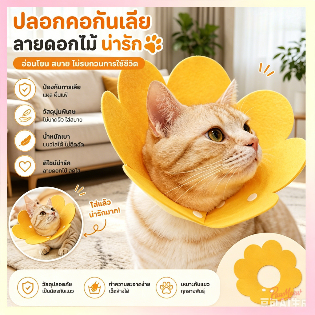 คอลล่าแมว ปลอกคอกันเลีย สํา ใส่สบาย ไม่หนักคอ ผ้าเฟลต์นุ่ม หรับหมาแมวและสัตว์เล็ก รูปดอกไม้