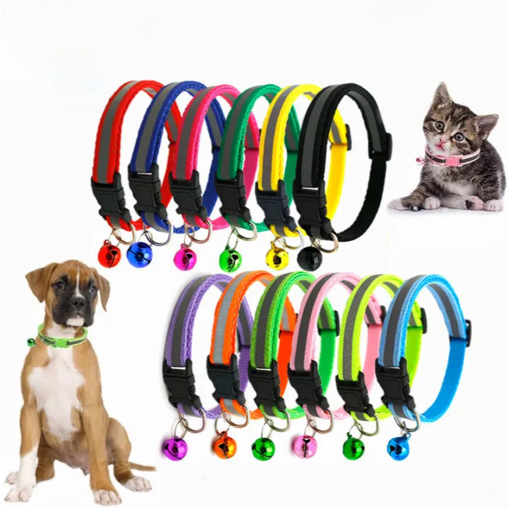 ปลอกคอสุนัขและแมว ปลอกคอกระดิ่งมี 12 สีและปรับขนาดได้ (แถบสะท้อนแสง ล็อคสีดํา) CW10