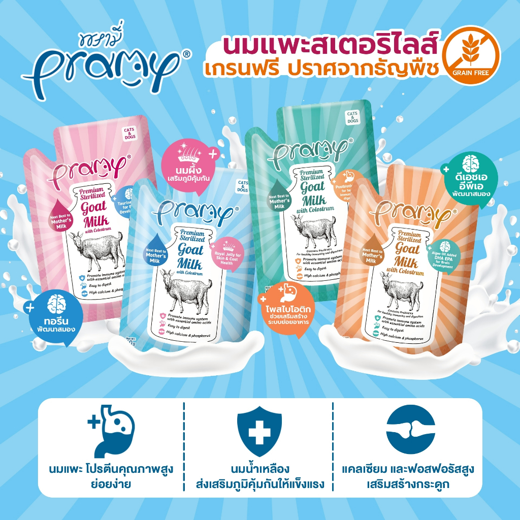 48ซอง] Pramy Sterilized Goat Milk With Colostrum นมแพะ สเตอริไลส์ เสริมนมน้ําเหลือง ขนาด 60g