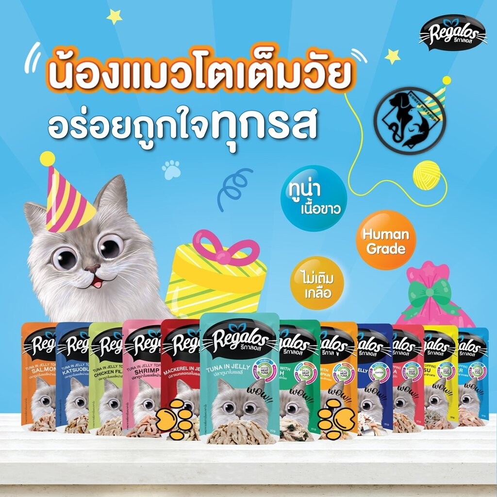 Regalos เพ้าซ์ อาหารเปียกสําหรับแมว มาในรูปแบบอาหารเปียกในเยลลี่ แบบซอง ขนาด 70 กรัม