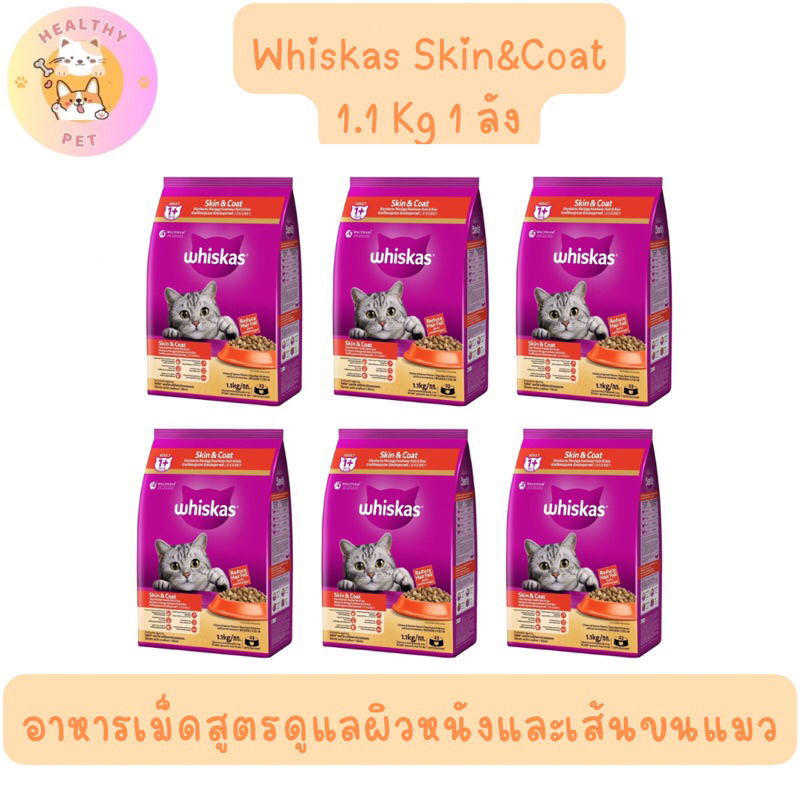 Whiskas Skin and Coat 1 ลัง อาหารเม็ดแมวโตเพื่อสุขภาพขนและผิวหนังที่ดี รสไก่และปลาแซลมอน