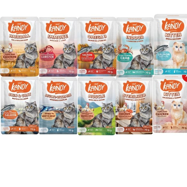 ยกโหล12ซอง] Kandy แคนดี้ อาหารเปียกแมว ไม่ใส่เกลือ ผลิตจากปลาเนื้อขาว ขนาด 70 กรัม