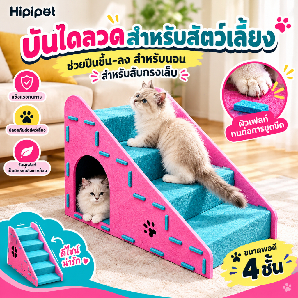 บันไดสัตว์เลี้ยง 2in1 บันไดแมวสุนัข มีบ้านแมวในตัว แผ่นลับเล็บแมวได้ วัสดุผ้าสักหลาด สูง40ซม. ช่วยปีนขึ้นเตียงโซฟา