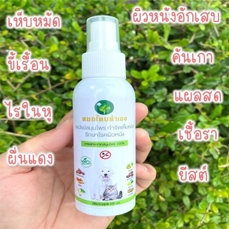 สเปรย์บรรเทาโรคผิวหนัง ไล่ ป้องกันเห็บหมัด ขี้เรื้อนสุนัข แมว เชื้อรา ยีสต์ คันเกา 100 ml. สมุนไพรหมอไทยทําเอง