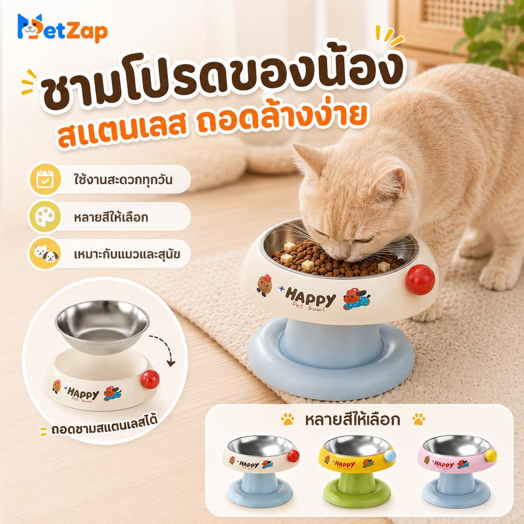 Pet Zap】 ชามทรงสูง ชามถนอมคอ ชามสแตนเลส 304 ชามอาหารสัตว์เลี้ยง ชามแมว ถอดล้างได้ CW-124