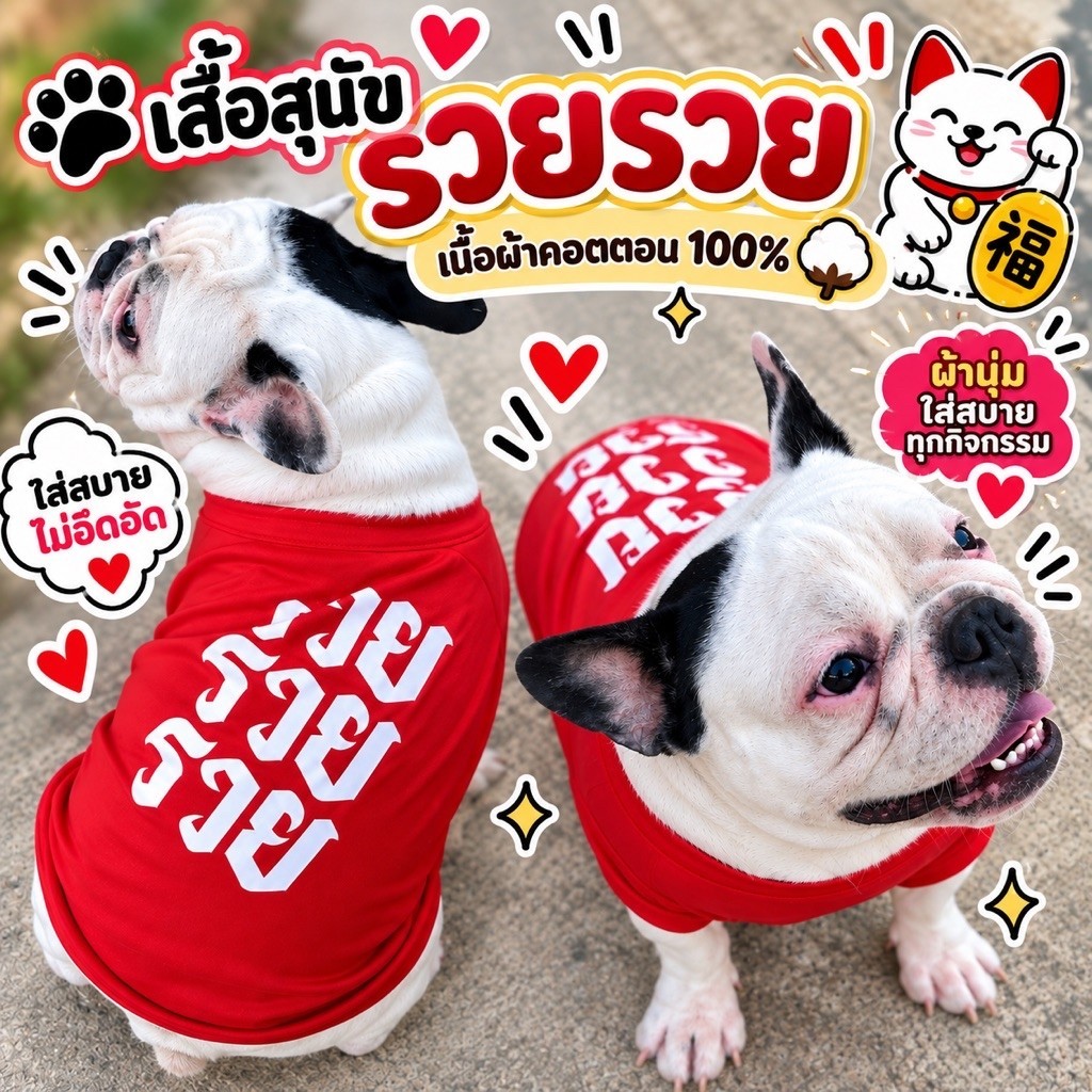 เสื้อหมา เสื้อแมว ตรุษจีน สกรีนลาย “เฮงๆๆ รวยๆๆ” สกรีนคําพูดสุดกวน ผ้าคอตตอน 100% (เลือกลายได้)