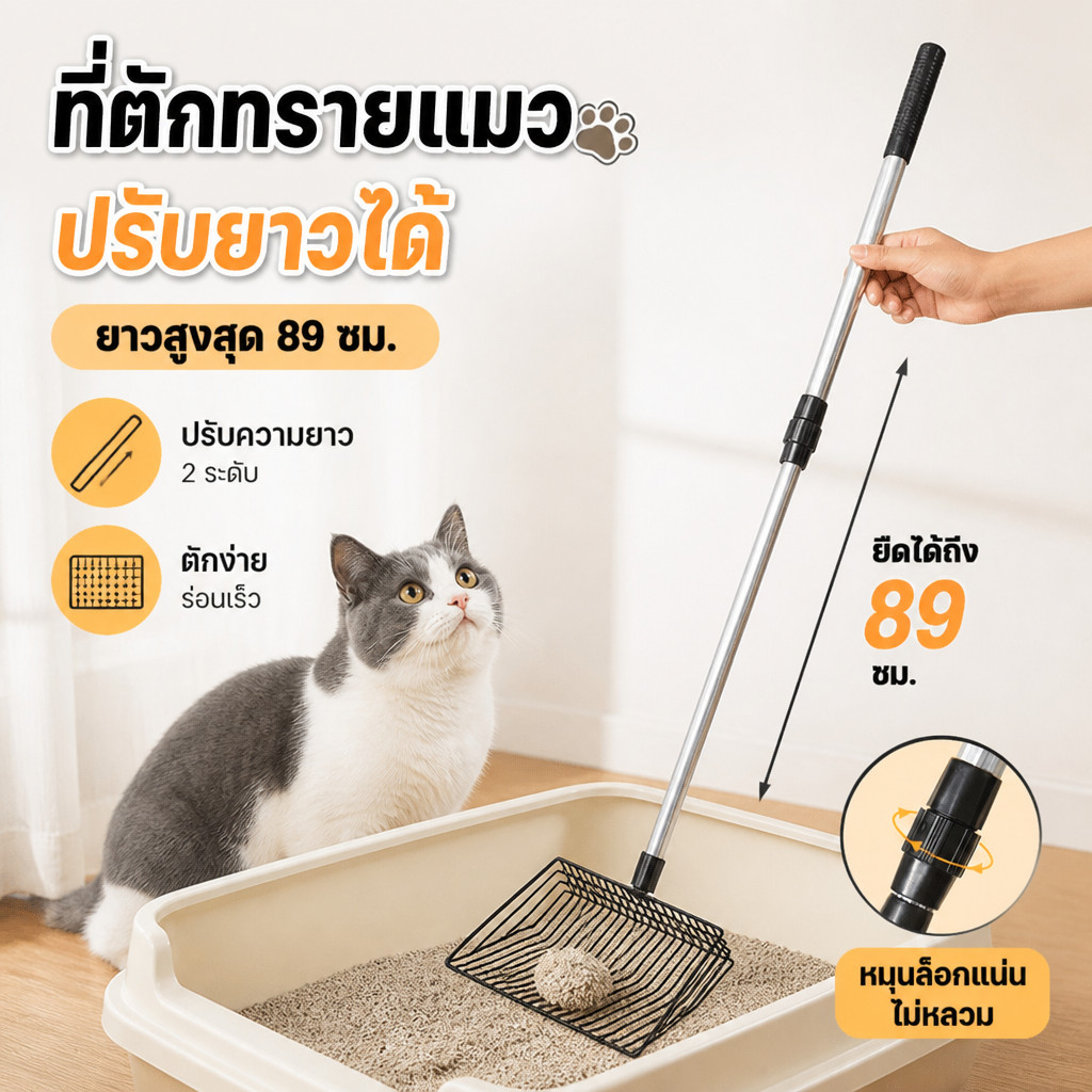 พลั่วตักอึสัตว์เลี้ยง ไม้พายทรายแมวแบบยืดหดได้ พลั่วตักขยะแมวโลหะสเตนเลส สําหรับร่อนทรายที่จับแบบขยาย