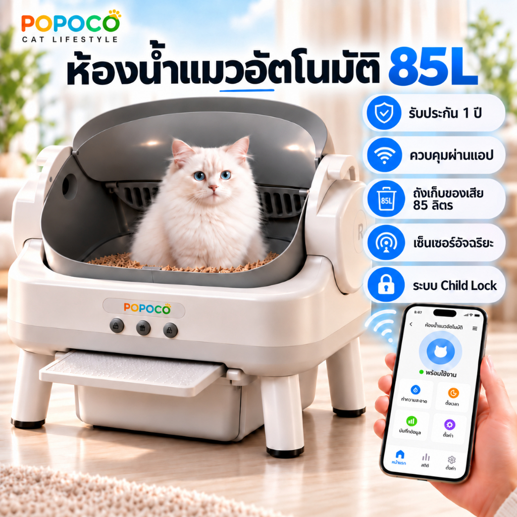 POPOCO】ห้องน้ําแมวอัตโนมัติ กระบะทรายแมวอัจฉริยะ APP ควบคุม ถังเก็บมูล 85L เซ็นเซอร์ 4 จุด ป้องกันหนีบ เสียงเบา แมวอ้วนใ