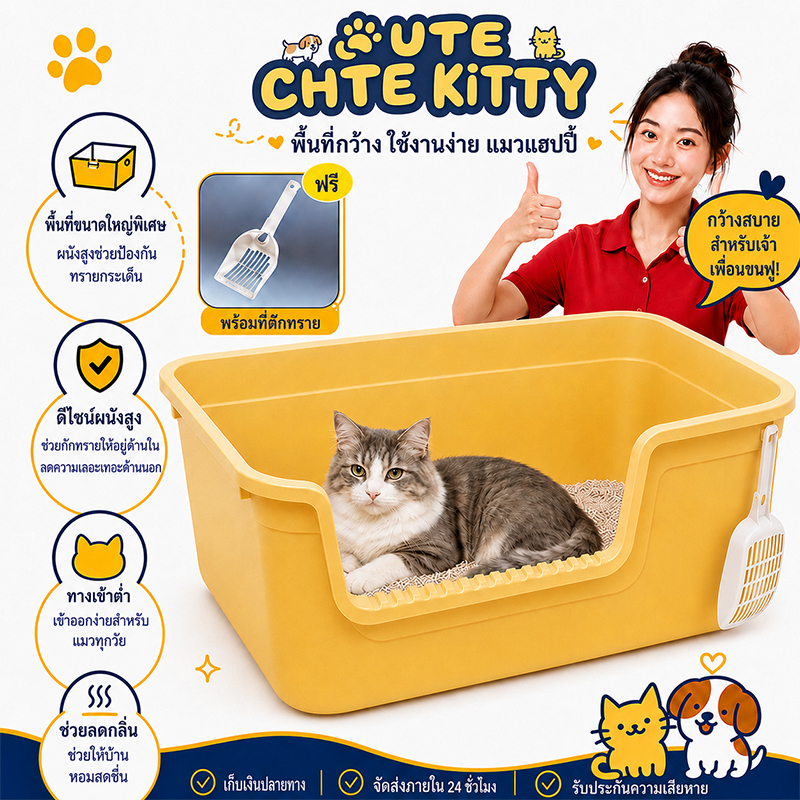 ห้องน้ําแมวขนาดใหญ่ กระบะทรายแมวแบบหนาอัพเกรดป้องกันทรายกระเด็น ห้องน้ําแมว ส้วมแมว ห้องน้ําแมวใหญ่ กะบะทรายแมว กระบะทราย