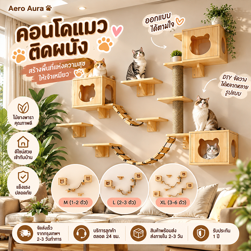 คอนโดแมวติดผนัง DIY พร้อมสะพานเชือก แท่นกระโดด และบ้านแมว